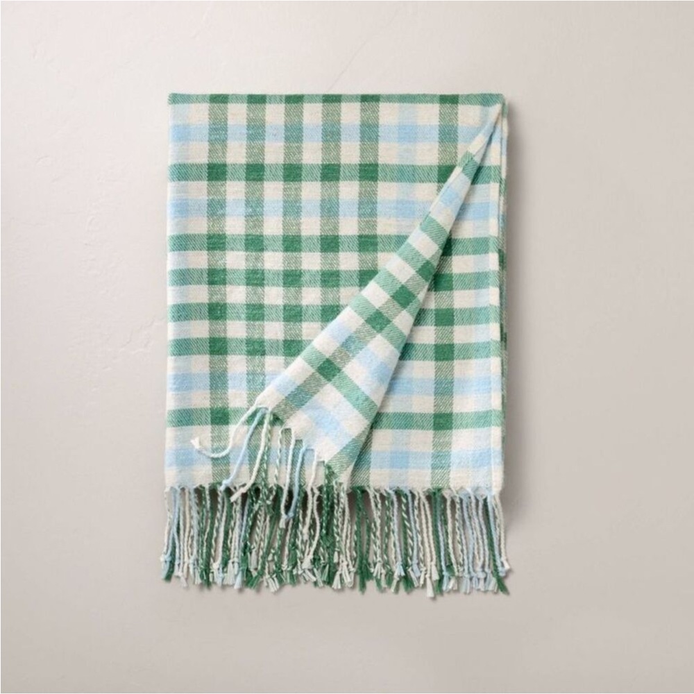 NEW!Plaid Woven Fringe Throw Blanket Green/Blue-Hearth & Hand w/Magnolia,60”x50”